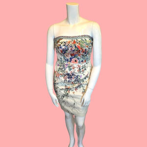 Monsoon UK Strapless Floral Print Occasion Dress, US 12, Cream Floral Multi